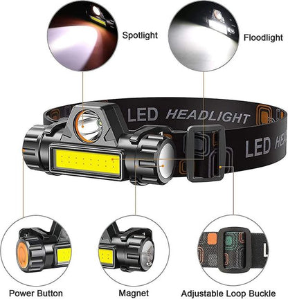 Rechargeable High Power Led Headlamp – Waterproof Headlight With Adjustable Brightness, Magnetic Side & Ergonomic Strap For Camping, Hiking, Fishing & Outdoor Use